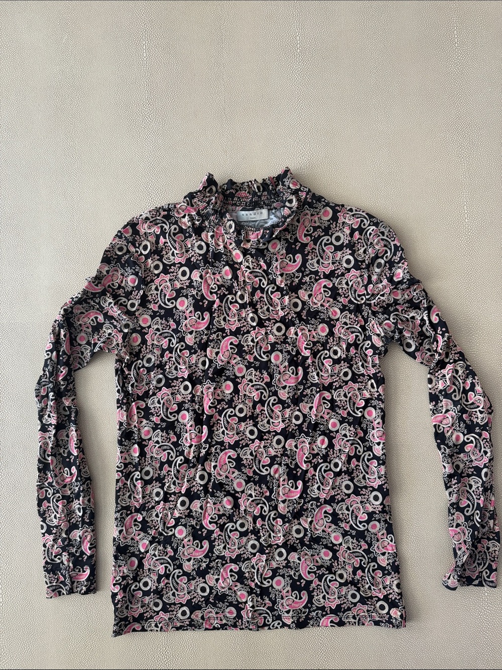 Sandro Black Paisley Ruffled Collar Top